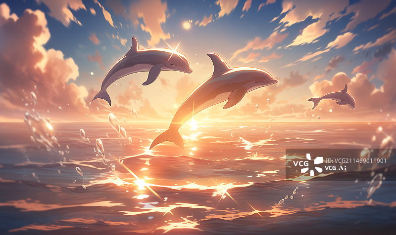 【AI数字艺术】夕阳下有三只海豚跳跃出海面插画图片素材
