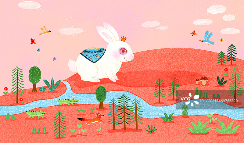 萌趣可爱的动物主题插画 红色土地上一只戴着王冠的小白兔图片素材