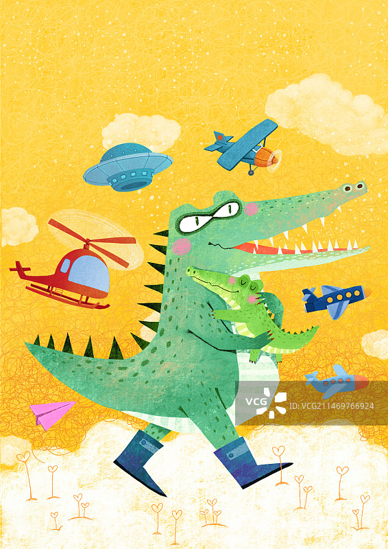 萌趣可爱的动物主题插画 云层上抱着小鳄鱼的鳄鱼妈妈图片素材
