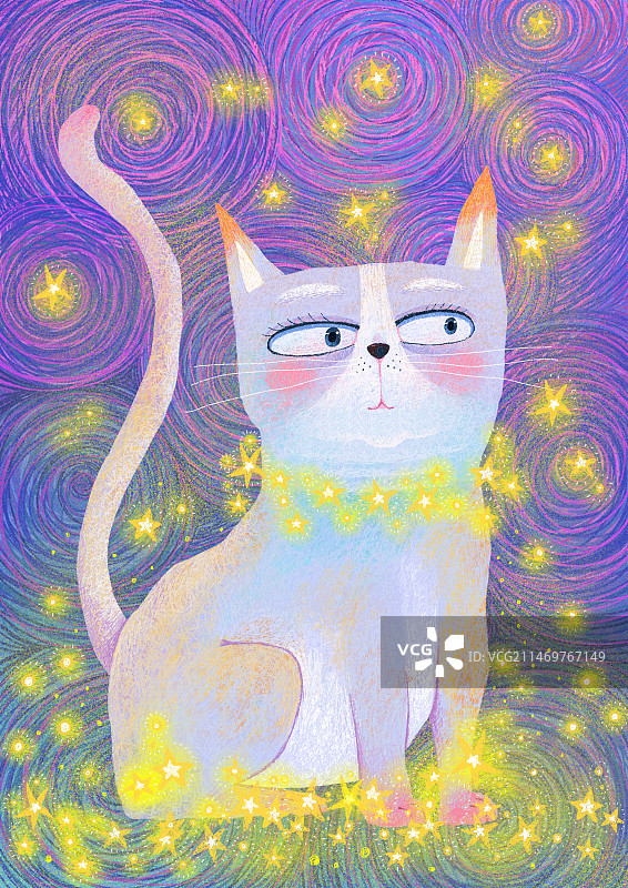 萌趣可爱的动物主题插画 小猫和萤火虫图片素材