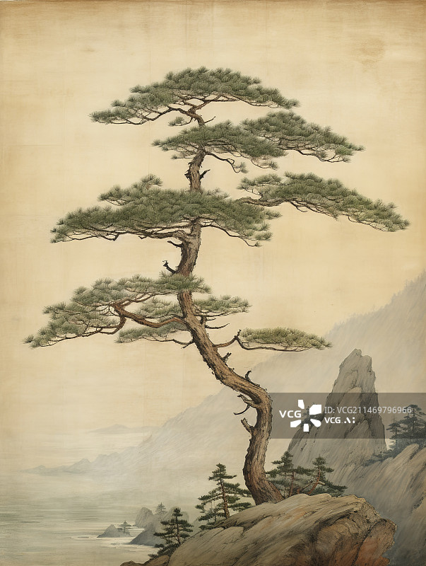 【AI数字艺术】卷轴画上的松树图片素材