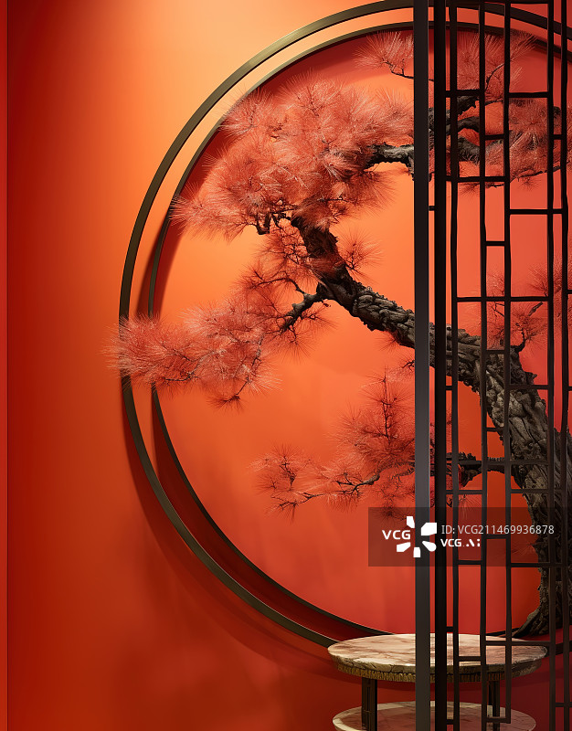 【AI数字艺术】中式红墙圆窗屏风图片素材
