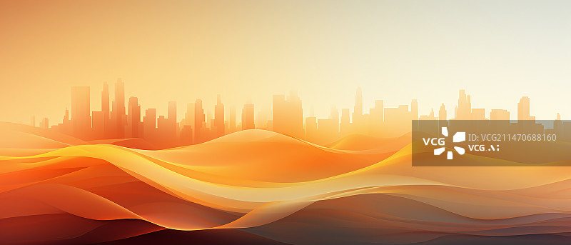 【AI数字艺术】橙色曲线流动与城市天际线抽象背景图片素材