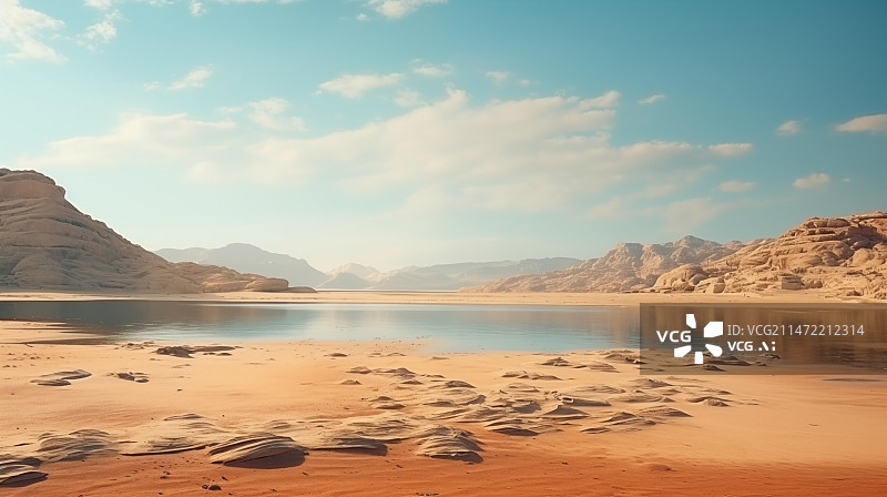 【AI数字艺术】日落时沙漠对天的景色，沙漠湖泊背景图片素材