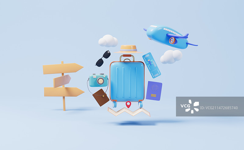 卡通行李箱与旅行主题3D插画图片素材