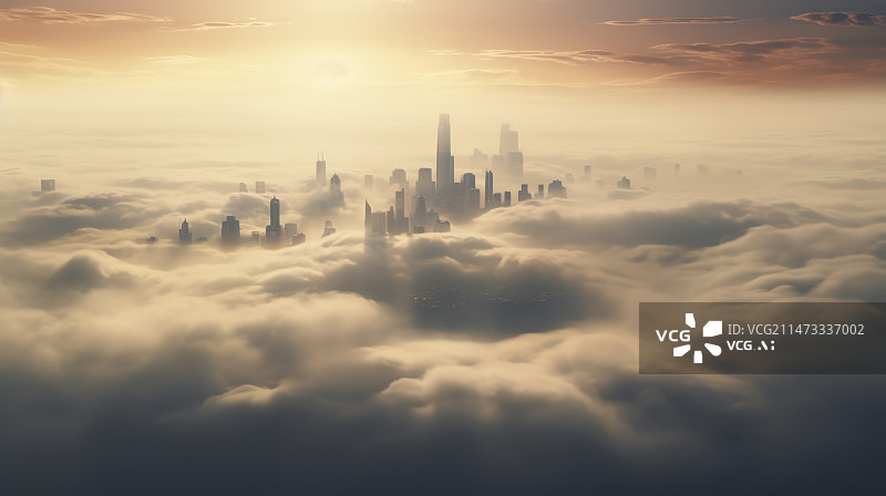 【AI数字艺术】高耸入云的高楼大厦被云雾笼罩图片素材