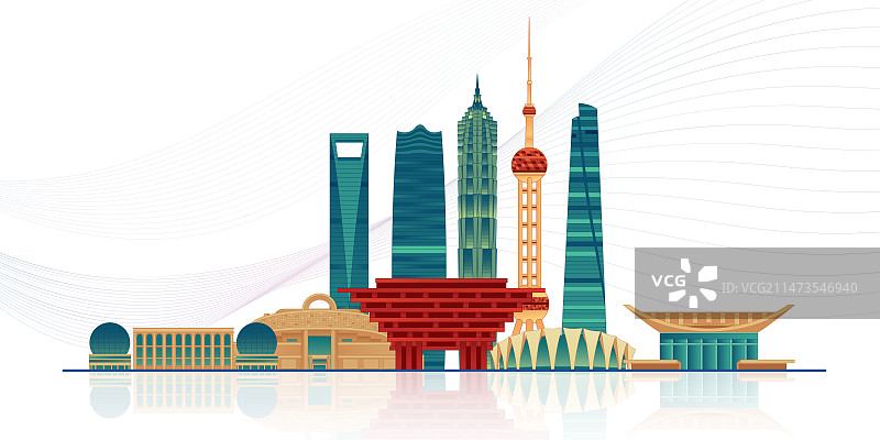 国风上海城市地标建筑上海城市天际线矢量插画建筑群图片素材