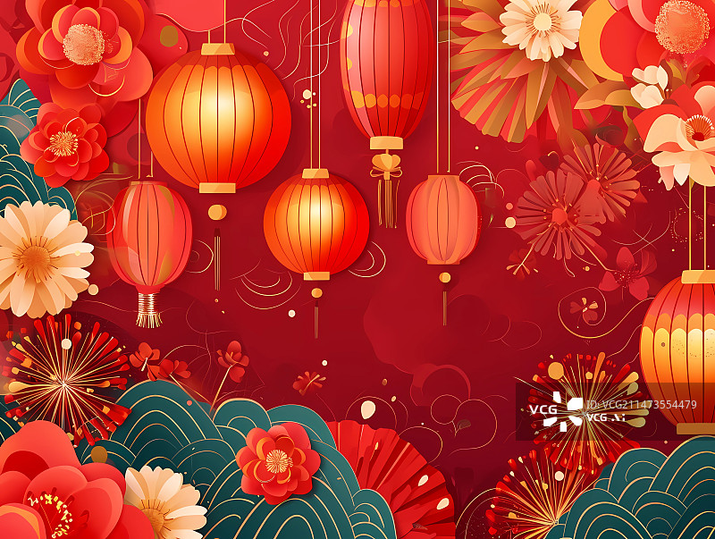 【AI数字艺术】春节喜庆国风插画——大红灯笼高高挂图片素材