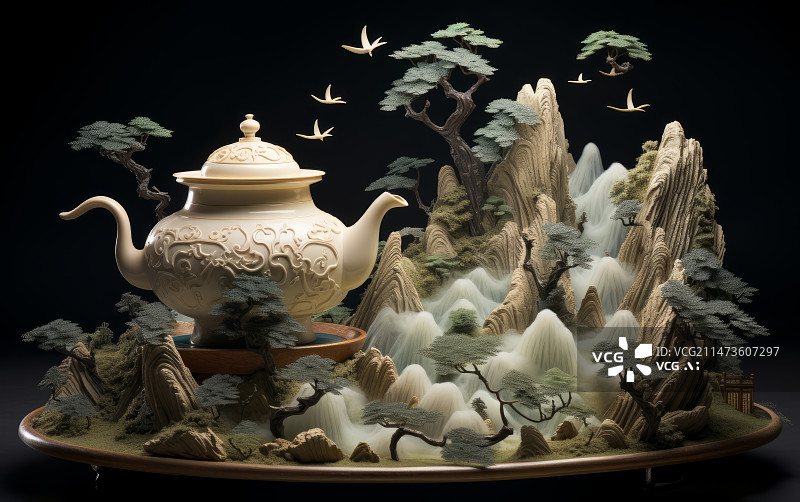 【AI数字艺术】中国山水画与茶壶的创意结合图片素材