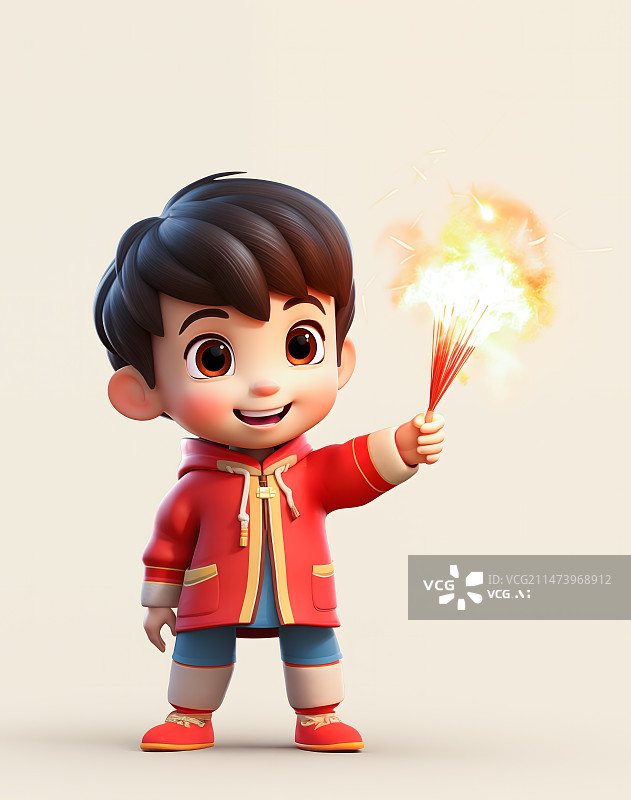 【AI数字艺术】3D人物一个可爱的小男孩笑着放鞭炮插画图片图片素材