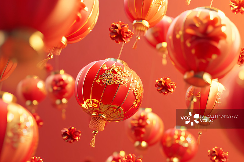 【AI数字艺术】中国风灯笼创意展示台3D渲染，农历新年春节过节场景插图图片素材