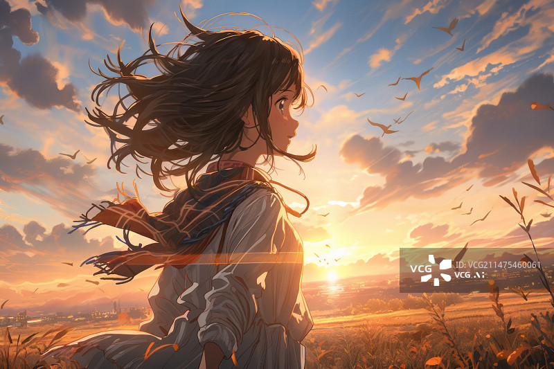 【AI数字艺术】漫画风格夕阳下田野里回眸的少女图片素材