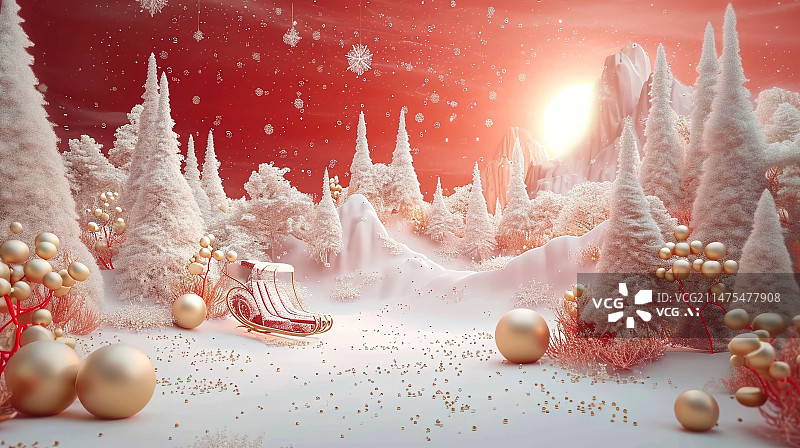 【AI数字艺术】圣诞球，装饰品，松树森林中的雪花，覆盖白雪的冰冷蓝色背景，冬季装饰，庆祝活动，带复制空间的新年贺卡图片素材