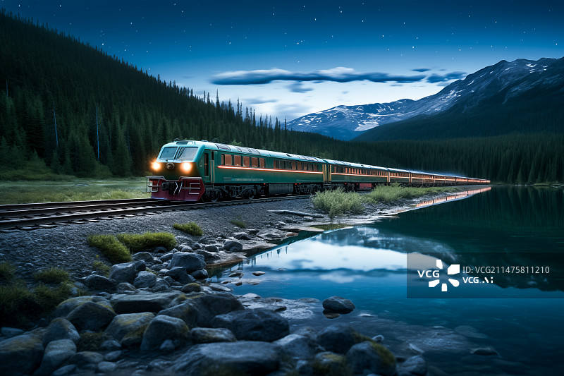 【AI数字艺术】傍晚行驶在山地的火车图片素材