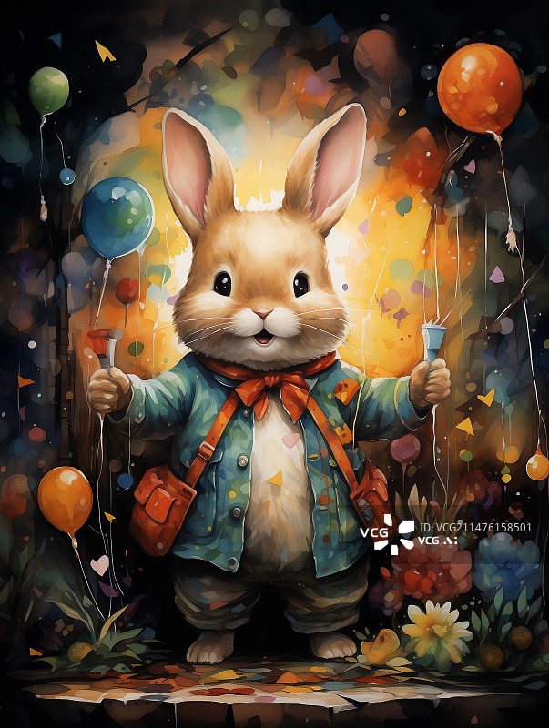 【AI数字艺术】水彩插画快乐的兔子图片素材