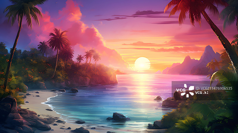 【AI数字艺术】AIGC:热带岛屿的日出日落，唯美户外风景。棕榈树 沙滩 海洋 背景 壁纸 插图图片素材