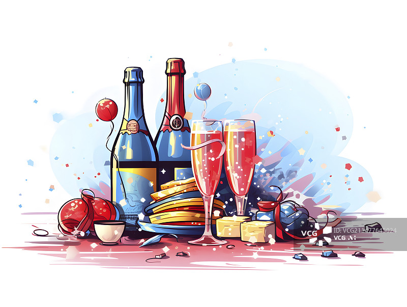 【AI数字艺术】香槟酒庆祝春节圣诞节等节日插画图片素材