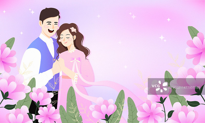 情侣在花朵围绕中跳舞手绘矢量插画图片素材