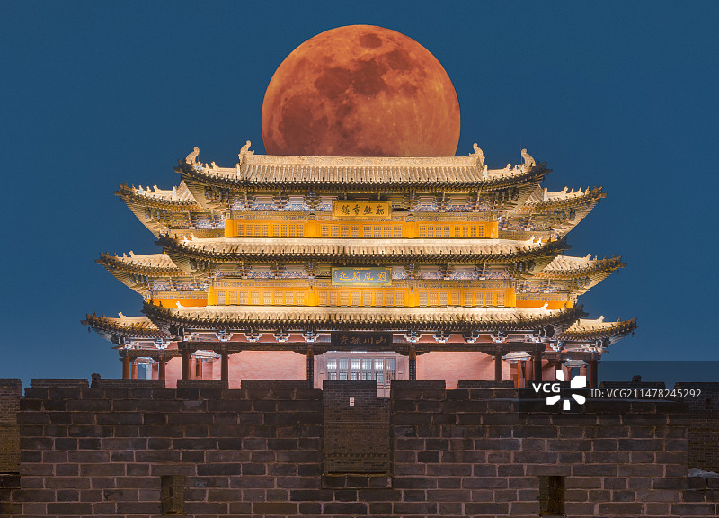 全国文物重点保护单位山西省大同市古城墙遗址超级大月亮图片素材