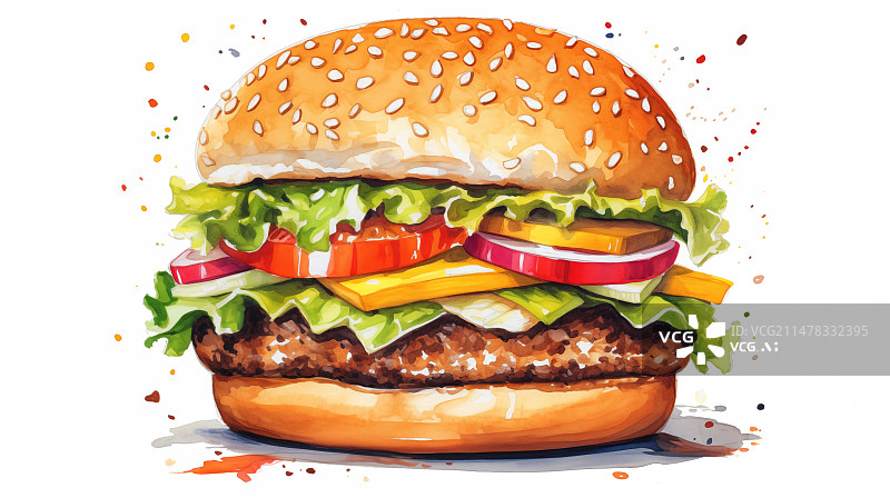 【AI数字艺术】手绘美味的汉堡包水彩画图片素材