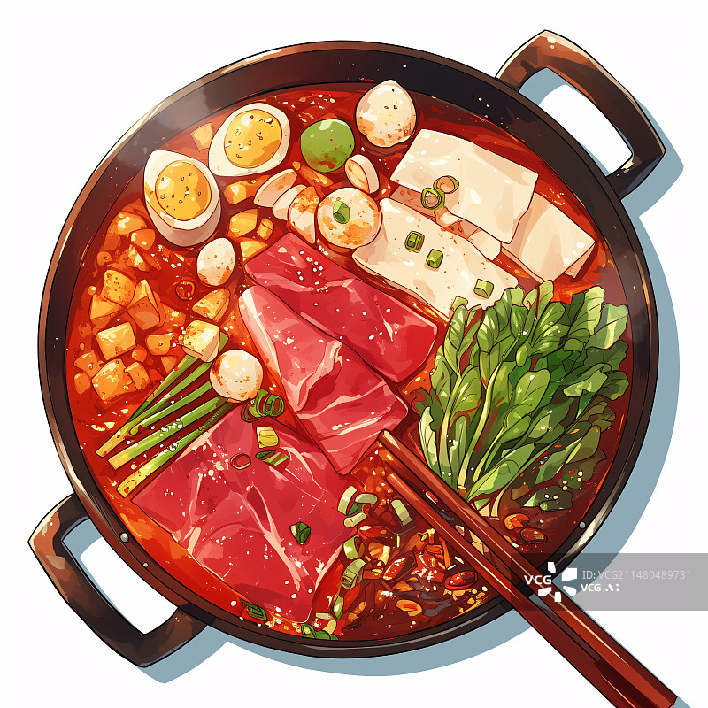 【AI数字艺术】放满食材的火锅插画，冬至节气吃火锅美食概念插图图片素材