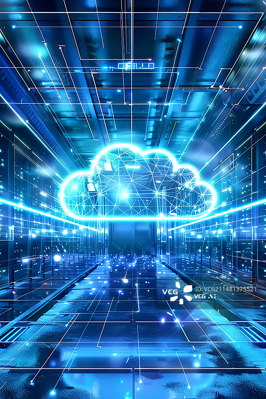 【AI数字艺术】数据机房里的一朵虚拟云——未来科技大数据云计算数据处理概念图片素材