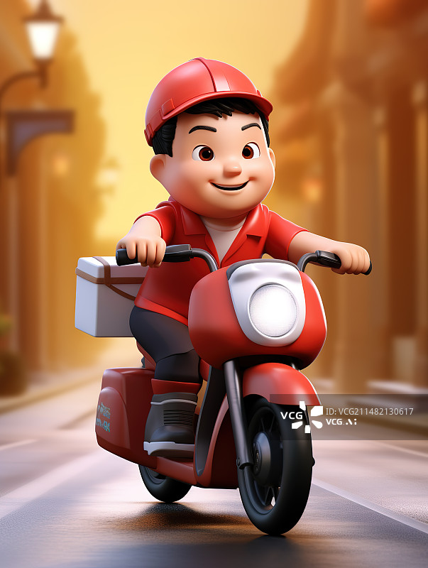 【AI数字艺术】骑摩托的快递小哥可爱风全身像卡通形象图片素材
