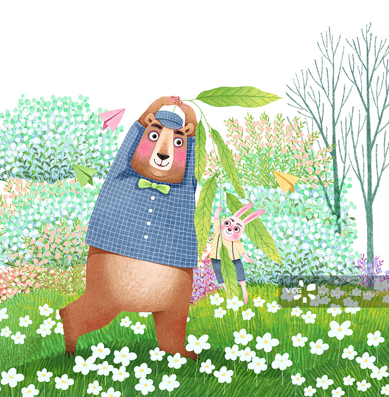 可爱有趣的动物插画 花园里提着树叶的棕熊和兔子图片素材