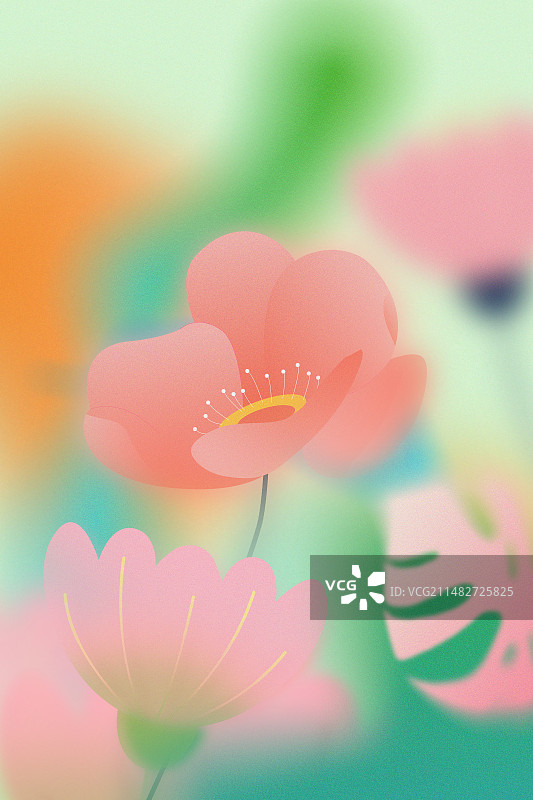 弥散风二十四节气系列插画-夏天 粉色花朵植物小清新插画 运动模糊背景 竖版图片素材
