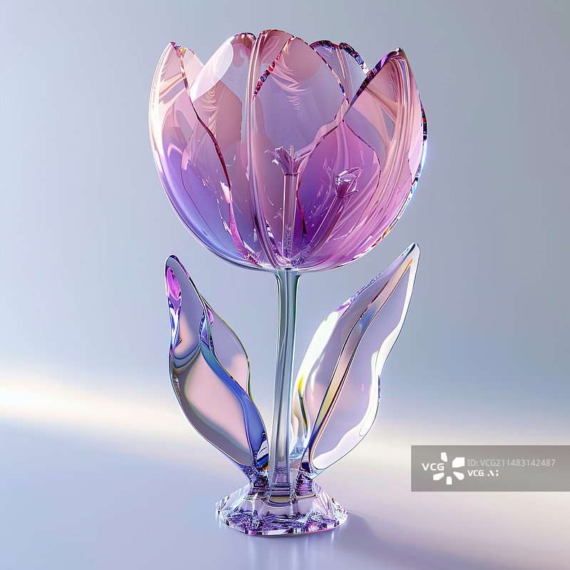 【AI数字艺术】3D立体紫色郁金香花透明玻璃质感元素图片素材