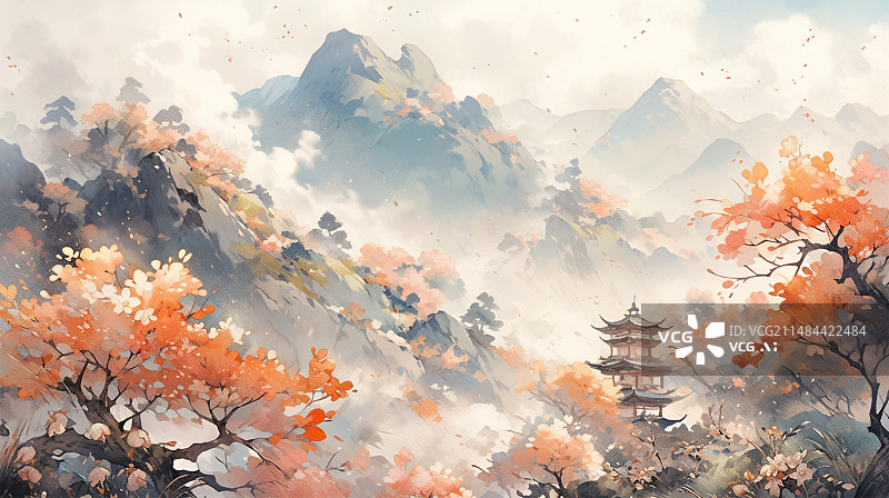 【AI数字艺术】秋天的山间晨雾图片素材