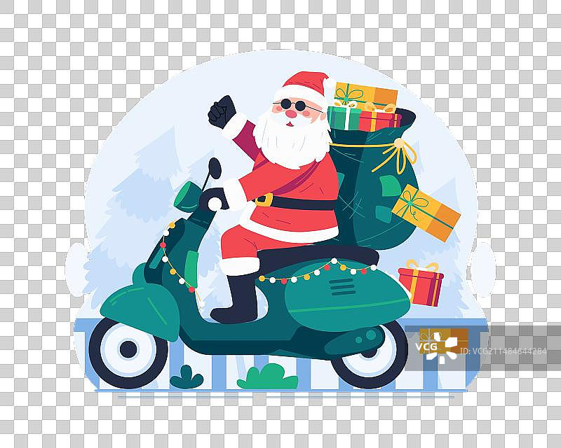 圣诞老人骑着摩托车，背着满满一袋子东西图片素材