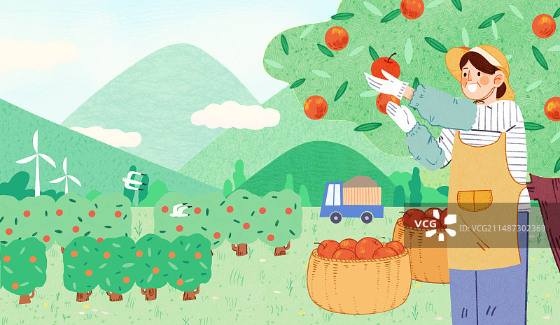 助力乡村振兴-手绘卡通农业果园苹果丰收插画图片素材