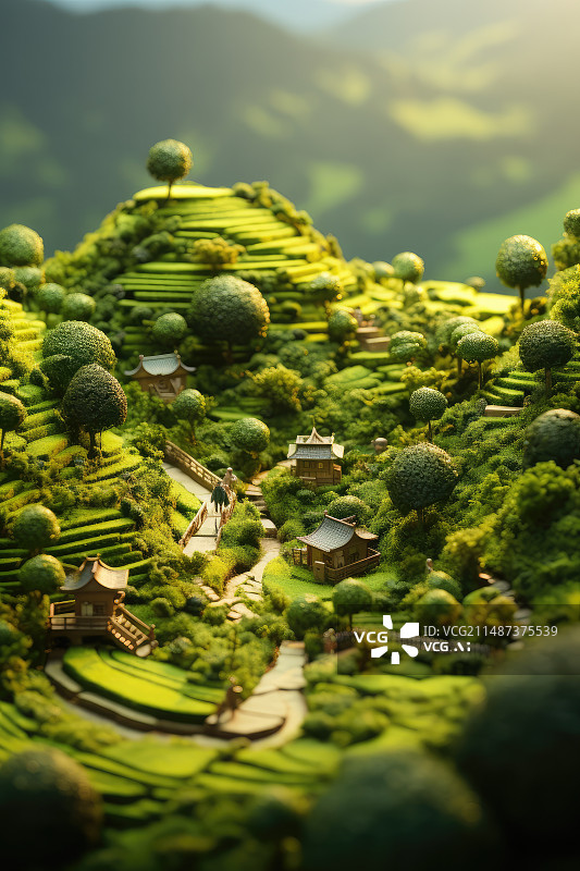 【AI数字艺术】茶山采茶茶文化微缩小人景观图片素材