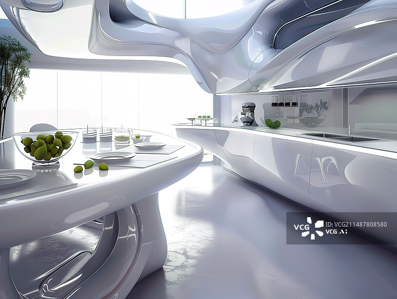 【AI数字艺术】科技感的未来厨房场景图片素材