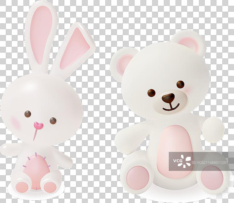 3d白色可爱的泰迪熊和有趣的兔子玩具图片素材