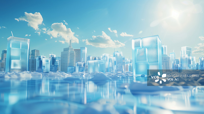 【AI数字艺术】冰块与冰砖构成的城市建筑图片素材