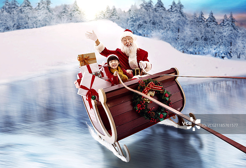 圣诞老人和小女孩坐在雪橇上招手图片素材