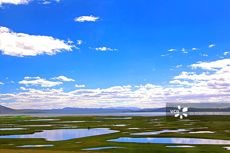 中国西藏高原蓝天白云下的草原和河流图片素材