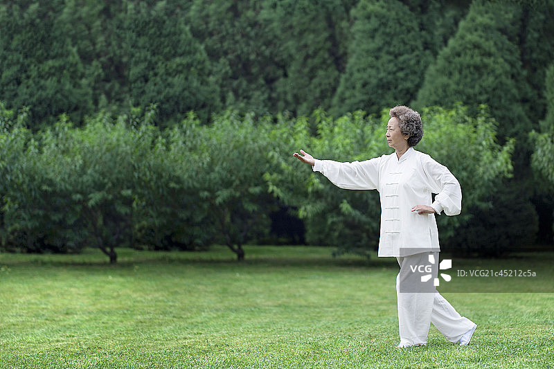 站在草坪上练太极的老年女性图片素材