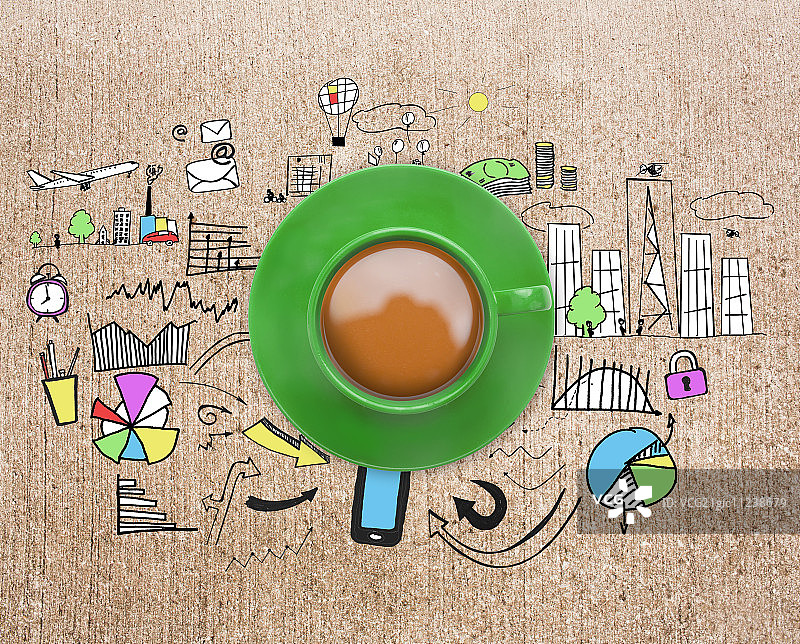 绿色的咖啡对风化表面涂鸦图片素材