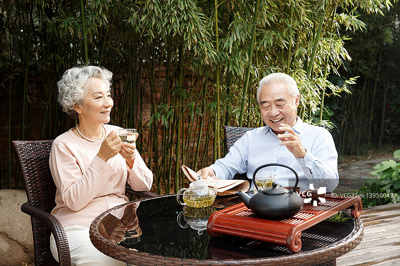 休闲的老年夫妇坐在院子里图片素材