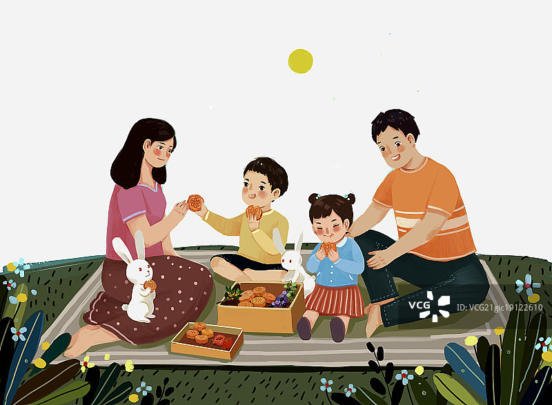 一家人吃月饼插画图片素材