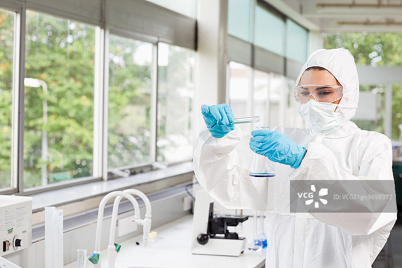 在实验室里，受保护的女科学家正在往一个锥形烧瓶里倒液体图片素材