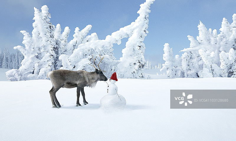 冬日仙境里的驯鹿和雪人图片素材
