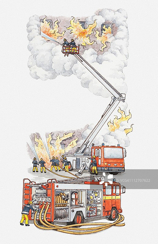 消防车和消防员试图灭火的插图图片素材