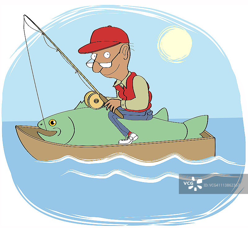 男子用鱼竿在划艇上坐着大鱼，插图图片素材