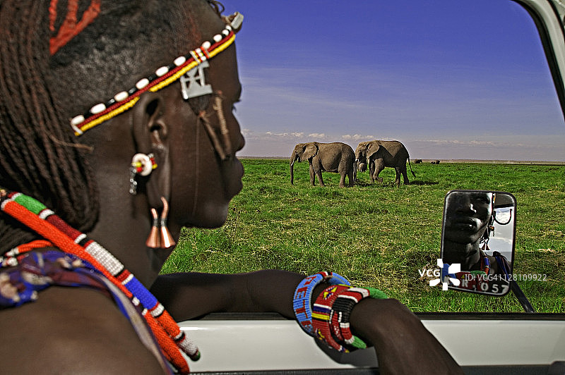 马赛人。马赛向导彼得·基里亚在车上看着大象。在肯尼亚安博塞利国家公园附近图片素材