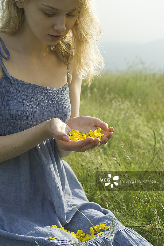 年轻女子坐在田野里，捧着花瓣图片素材