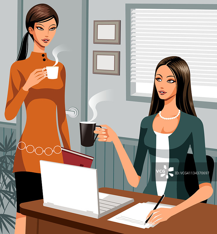 两位女士在办公室喝茶图片素材